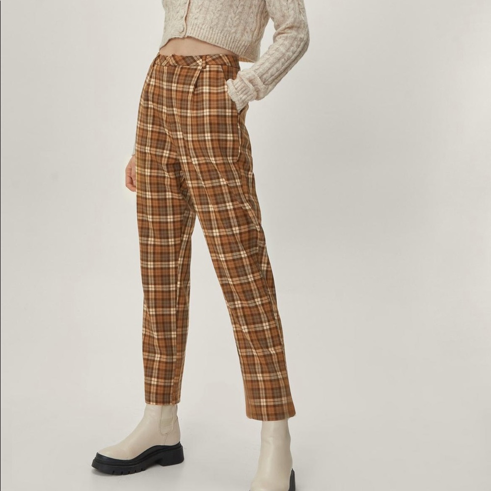 NWT Nasty Gal Brown Check Tapered Pants Size 14